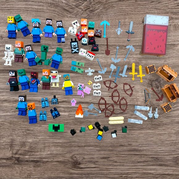 LEGO Minecraft Minifigure Lot Steve Alex Zombies Creeper Mobs Tools Weapons TNT - Picture 1 of 6